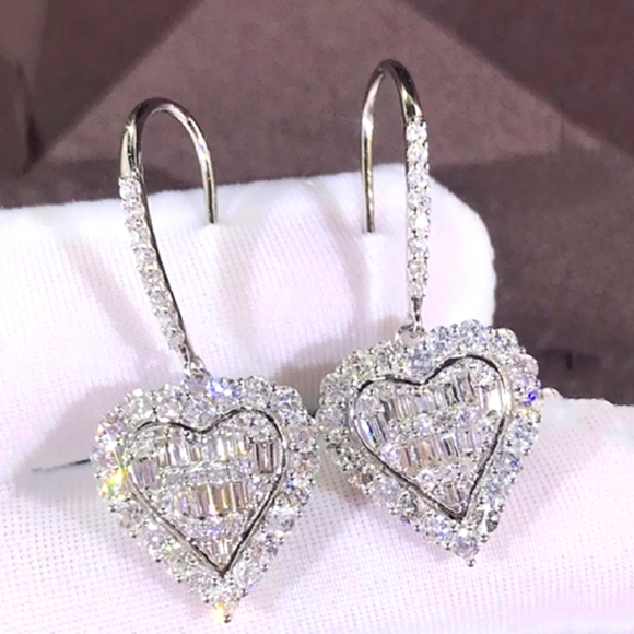 STERLING DANGLE HEART EARRINGS AND CRUSTED WITH WHITE TOPAZ ONE AND A HALF INCH - Picture 1 of 2